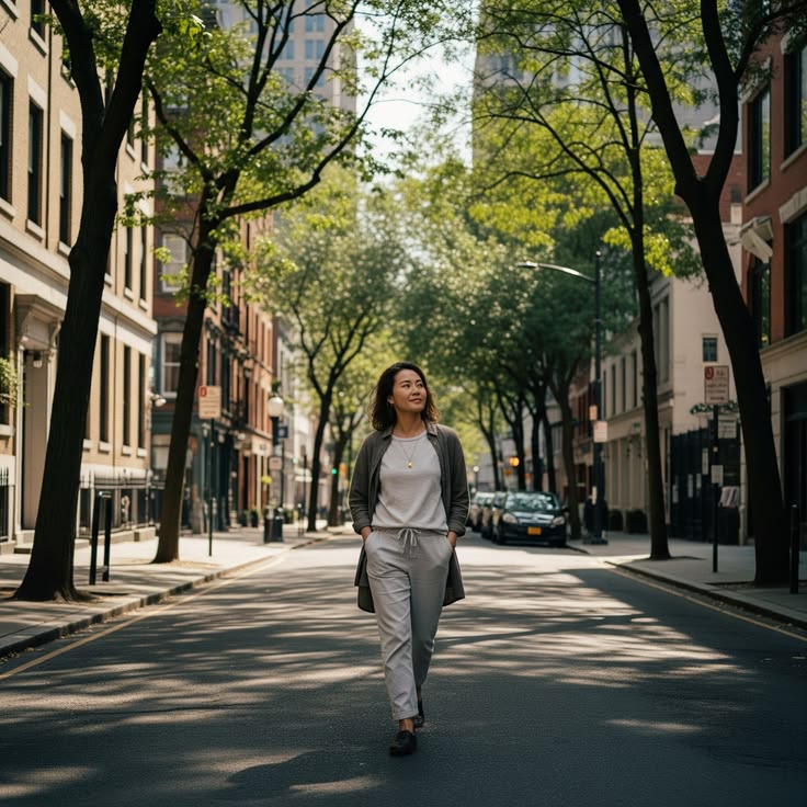 Person walking along a tree-lined urban path in Stockholm during morning hours